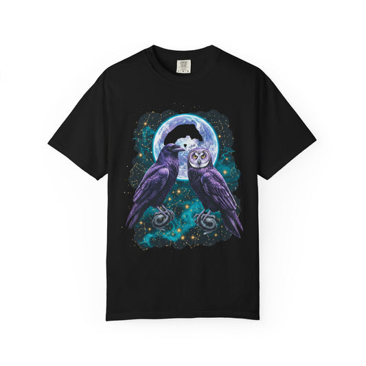 Mystic Night Owls T-Shirt — Moonlit Raven & Barn Owl Graphic Tee