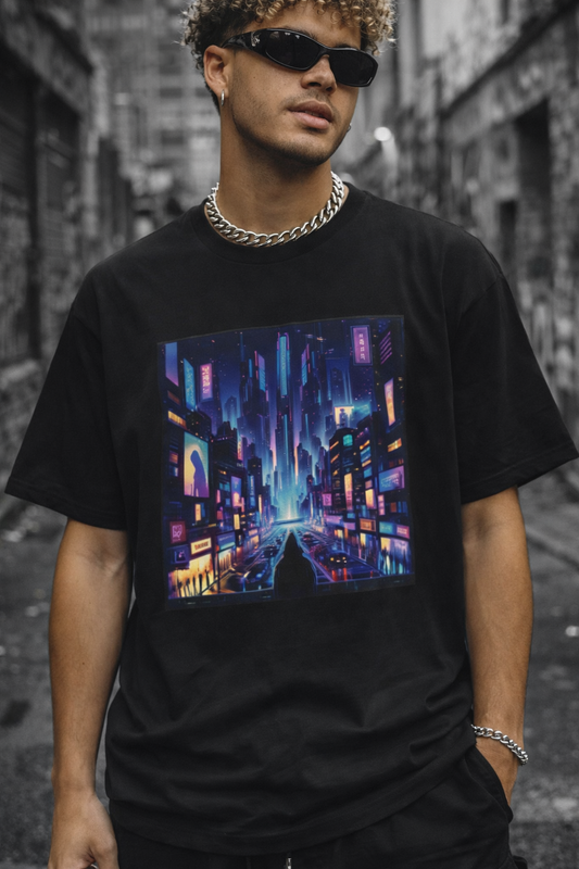 Cyberpunk Cityscape T‑Shirt — Neon Futuristic Nightscape Tee