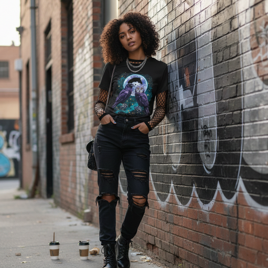 Mystic Night Owls T-Shirt — Moonlit Raven & Barn Owl Graphic Tee