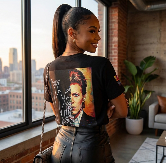 Retro Split-Face Portrait Back Print with Chest Logo