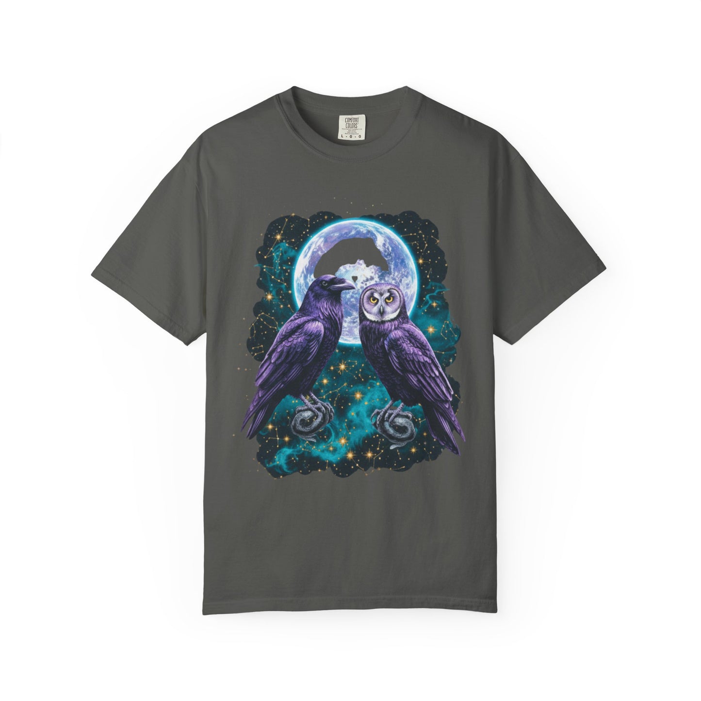 Mystic Night Owls T-Shirt — Moonlit Raven & Barn Owl Graphic Tee