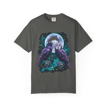 Mystic Night Owls T-Shirt — Moonlit Raven & Barn Owl Graphic Tee