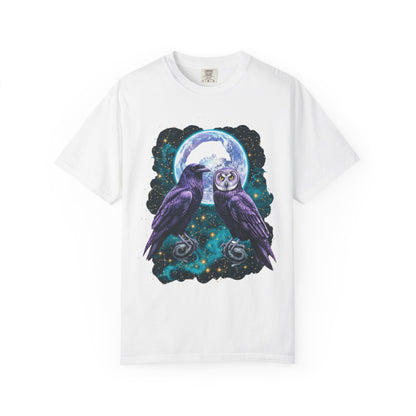 Mystic Night Owls T-Shirt — Moonlit Raven & Barn Owl Graphic Tee